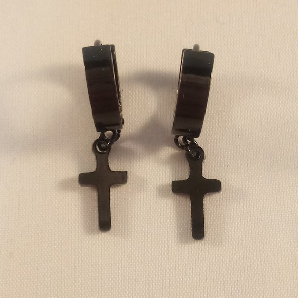 Mens Black Stainless Steel Cross Hoop Huggie Dangle Earrings 14mm Party Gift - Picture 2 of 4